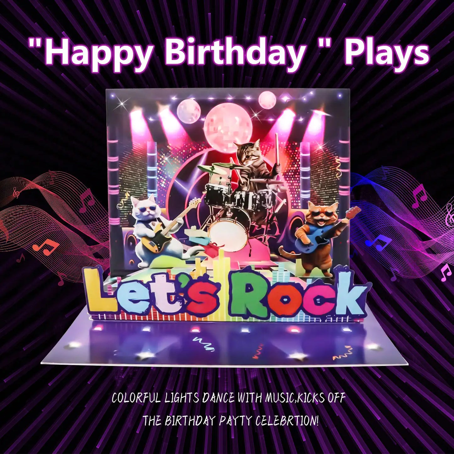 Cool Cat Birthday Card with Pop-Up & Rock Music - 7.87x5.9