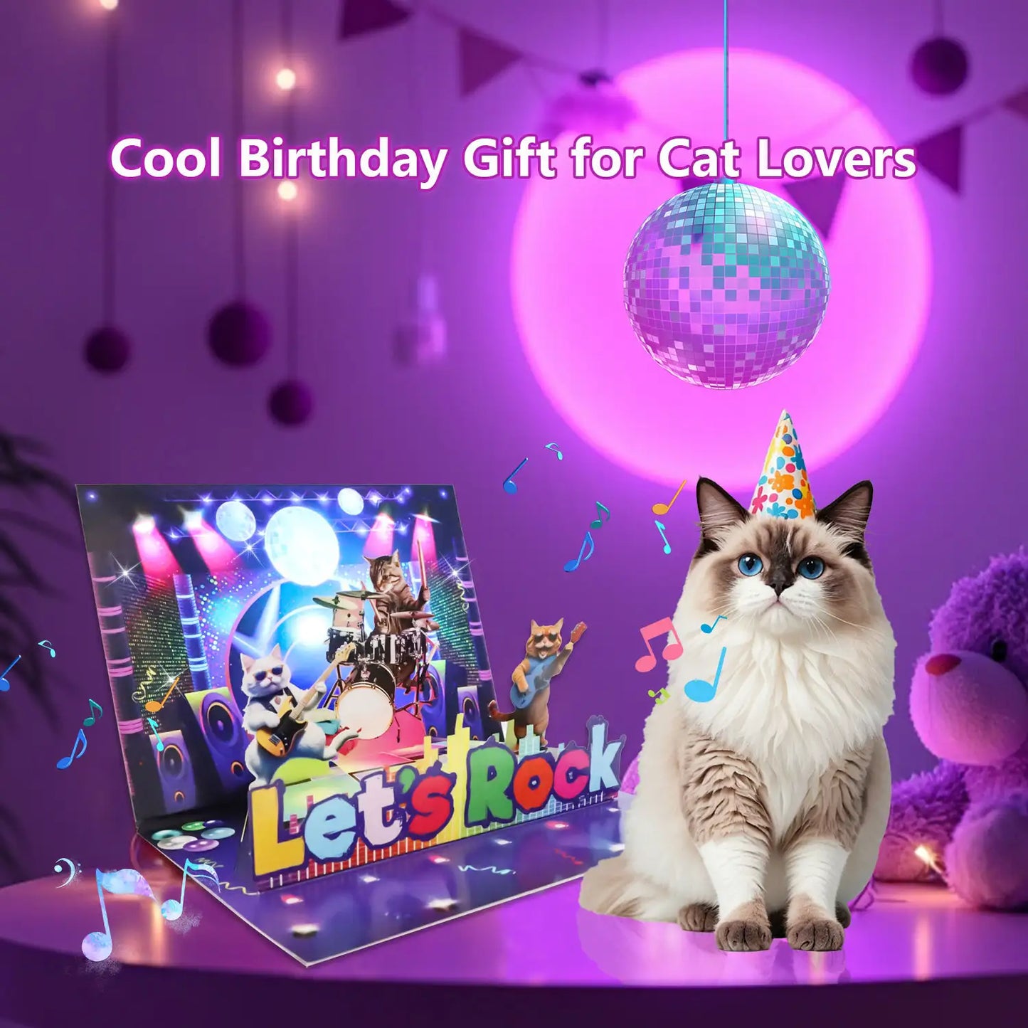 Cool Cat Birthday Card with Pop-Up & Rock Music - 7.87x5.9