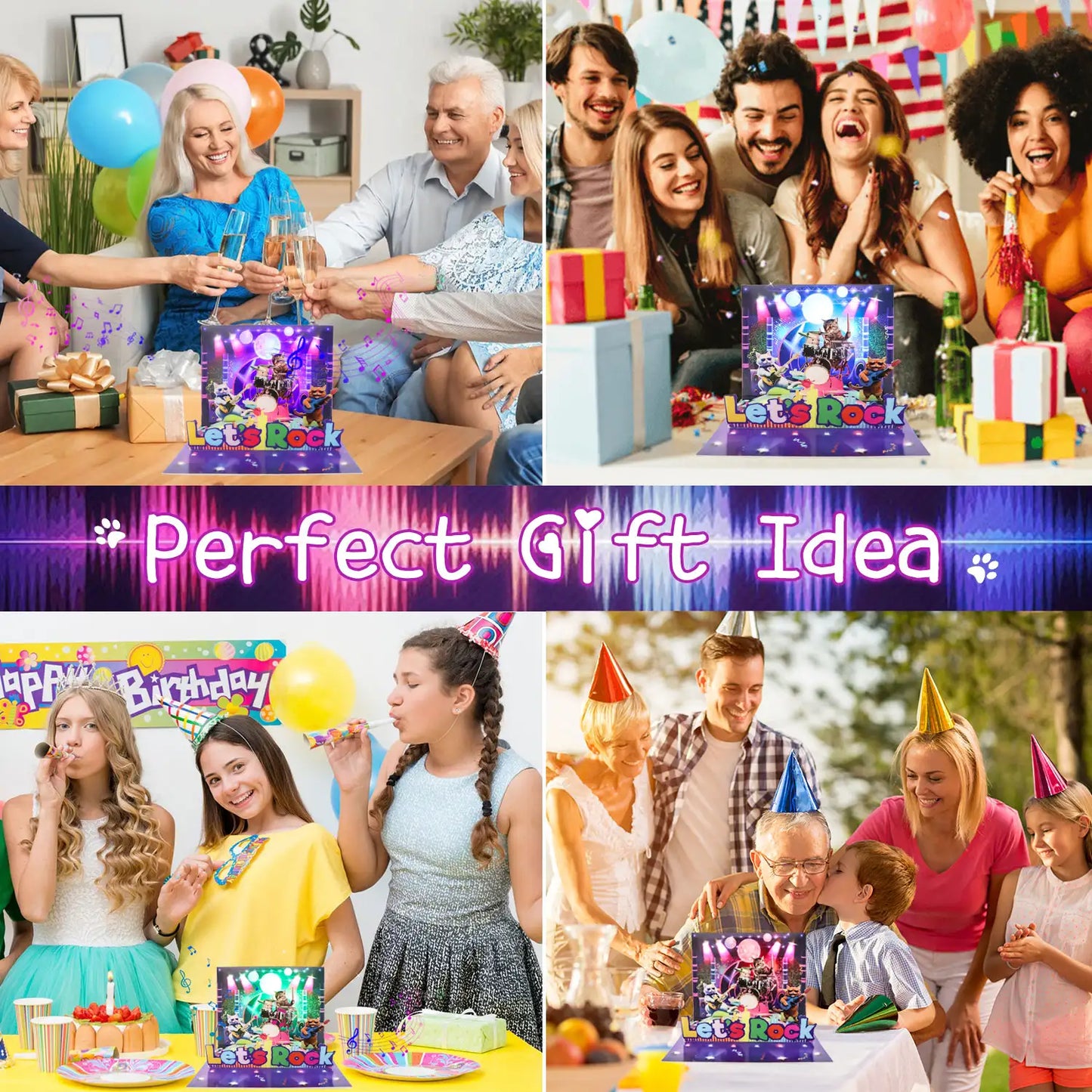 Cool Cat Birthday Card with Pop-Up & Rock Music - 7.87x5.9